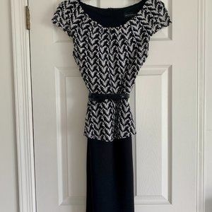 Classic Black and White Cocktail Dress. Cinched Waist. Capped Sleeve. US 8
